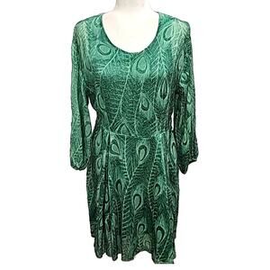 ALTAMIRA Milano Women Peacock Design Balloon Sleeve Silk Blend Mini Dress Size M